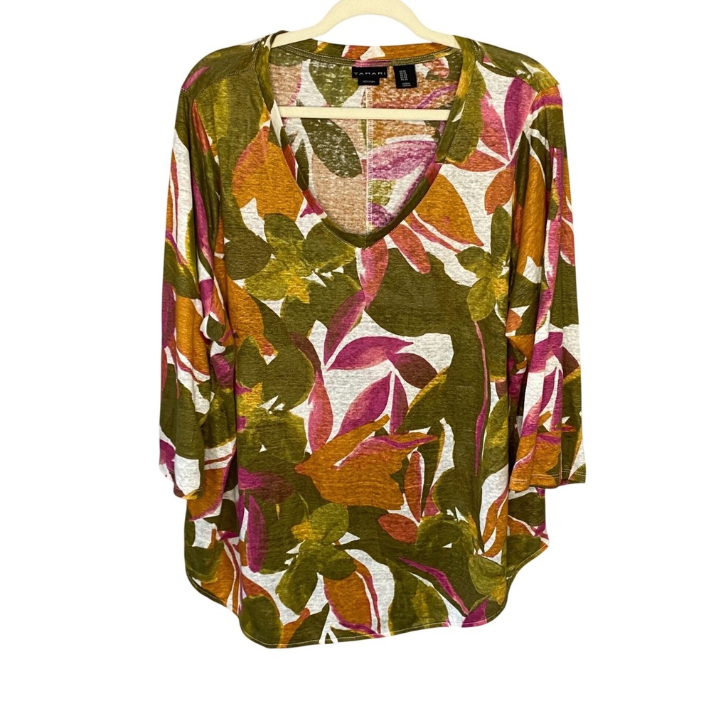 Tahari Womens 1X Linen Floral V-Neck Top 3/4 Sleeve Green Pink Tropical Blouse - Picture 1 of 10